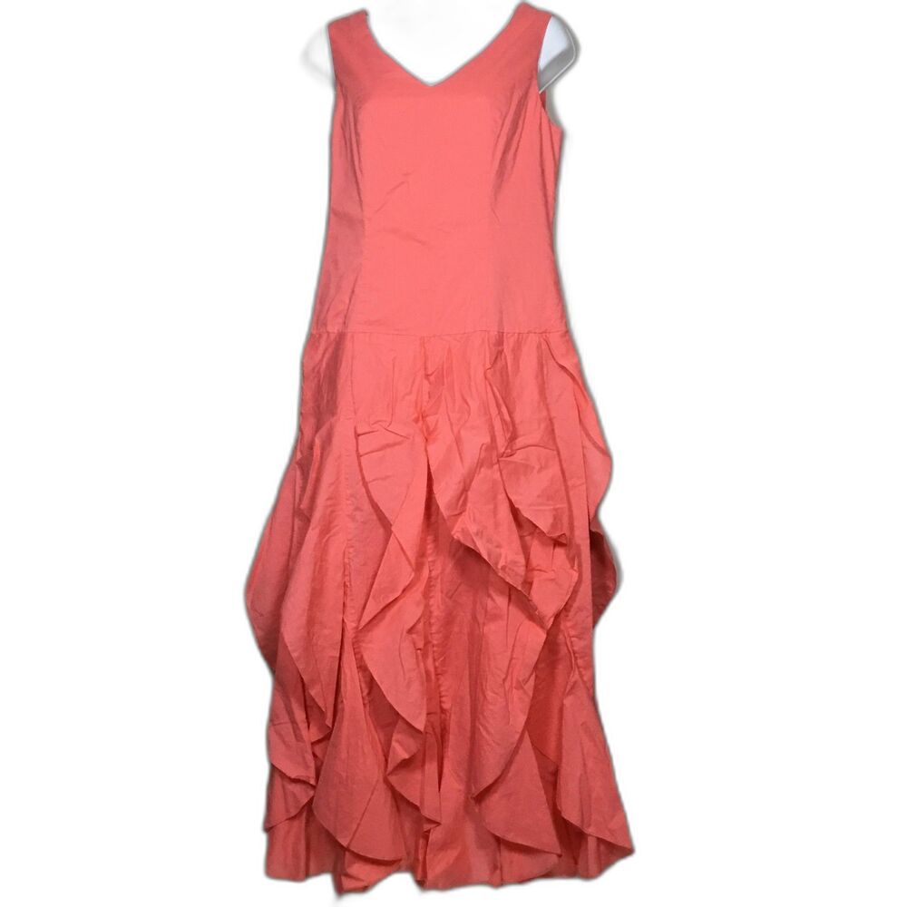 Coral pink cotton maxi sleeveless petal summer dress prom occasion wedding sz8